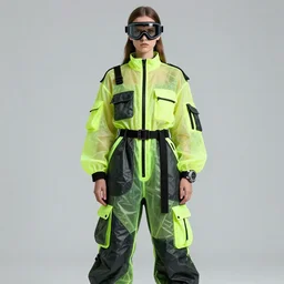 an octane render 1 9 9 8 fashion photography portrait of a russian girl detailed features wearing a cargo pilot suit neon brights, utility chic, sheer fabrics, zippers, belts & velcro galore, goggles, big techno watches, cargo pants, that weird crinkly trash bag materialdesigned by balenciaga