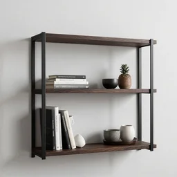 minimal dark oak and black metal shelf with books and knick knacks