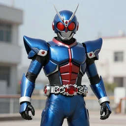 High Fantasy Dragon Kamen Rider, blue armor with red secondary color, 4k, glowing eyes in helmet, daytime, chainmail, rubber suit,