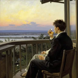 a distant couple sitting on the balcony sipping whiskey, looking at the distance and thinking about the future by j. c. leyendecker, yoji shinkawa, katayama bokuyo