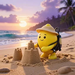 3 d octane render, of an anthropomorphic lemon character, with lemon skin texture, it is wearing a hat and scuba diving suit, building a sandcastle on the beach at sunset, beach, huge waves, sun, clouds, long violet and green trees, rim light, cinematic photography, professional, sand, sandcastle, volumetric lightening