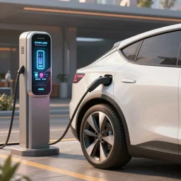 electric vehicle plugged into a sci - fi power source from apex legends, daytime, a sense of hope and optimism, hyper realistic, high res, 4 k, warm light, peaceful, serene