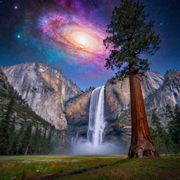gediminas pranckevicius an landscape view, colorful sky, galaxies and star in the sky, immense waterfall, giant sequoia, massive mountains, epic composition, 4 k, detailed, realistic