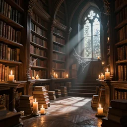 A photo of a fantasy like library with burning candles and cobwebs