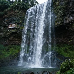 house under waterfall