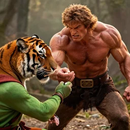 hercules trying to give a pill to a tiger, michelangelo, ultra detailed, cinematic, dynamic light