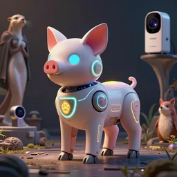 product photo of a futuristic stylized pet robot, kindchenschema, by artgerm and greg rutkowski and marc newson and zaha hadid, alphonse mucha, zaha hadid, samsung apple webcam, sci - fi, matte, neon, kitten pig otter fennec inspired. side view, volumetric light, detailed, octane render, midsommar