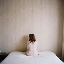 a lonely girl in a liminal hotel room, baroque wallpaper, film still by david lynch, depicted by balthus, limited color palette, very intricate, art nouveau, highly detailed, lights by hopper, soft pastel colors, minimalist