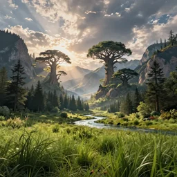 artwork is a fabulous landscape of mountains, trees, rivers and grass, a fantasy sketch of amazing nature. artwork sketch of beautiful mystical trees, cinematic view, epic sky, detailed, concept art, low angle, high detail, warm lighting, volumetric, godrays, vivid, beautiful, trending on artstation, by jordan grimmer, huge scene, grass, art greg rutkowski