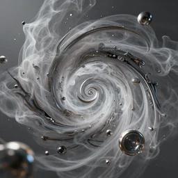 swirling abstract cyborg parts and ornate flowing smoke streams and smooth particle effects surround a small metallic spiral, cinematic, unreal engine