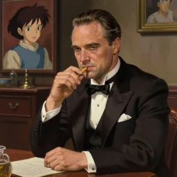 kate beckinsale as don vito coleone in godfather scene, sitting by table,'asking without respect'scene, suit, portrait shinkai makoto studio ghibli studio key hideaki anno sakimichan stanley artgerm lau rossdraws james jean marc simonetti elegant highly detailed digital painting artstation pixiv