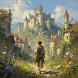a painting of a cinematic keyframe of walking into a beautiful medieval city, with flowers, by greg rutkowski, rule of three, artgerm, artstation, highly detailed masterpiece, fantasy art, high detail