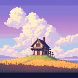 a painting of a house in the middle of a field, pixel art by awase hasui kawacy, artstation, pixel art, # pixelart, 2 d game art, voxel art