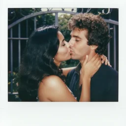 In the image, a woman with dark brown skin and long black hair cascades down her back is kissing her husband while posing at a garden gate. His hair is styled in loose, wavy curls. His skin has a medium brown tone, and his eyes are a deep, rich brown. The image is a vintage 1980s Polaroid photograph.