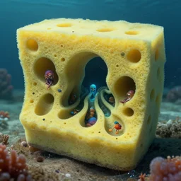 hyper liminal photo, sponge with many tunnels inside each hole, tunnels lead to different worlds, surreal, ominous creature hiding detailed, high definition, mysterious, wide shot, surrealist depiction of a normal sponge,