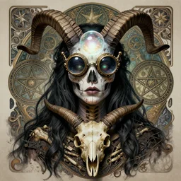 detailed realistic mystic, beautiful halloween ritual with bone texture, pentagrams, very expressive, ritual death mask portrait, glowing bubble mind, large steampunk goggles, chest, goat skull, fluorescent eyes, very long horns, by karol bak, iris van herpen and marco mazzoni, nature art forms by ernst haeckel, art nouveau
