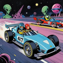 futuristic space race car drivers, 70s, retro, comic book, alien, vibrant