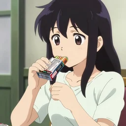 a 2 0 0 8 anime still of an anime girl eating an entire package of batteries.