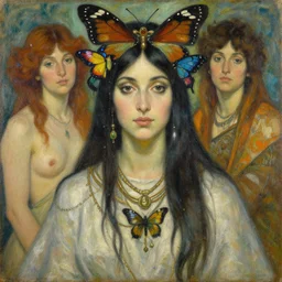portrait of a female shaman goddess wizard of butterflies, oil on canvas, by jeffrey catherine jones and denis sarazhin and mucha