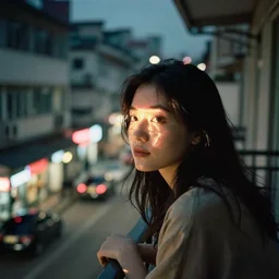 wide film still, grainy, lo - fi aesthetic, asian woman overlooking street from her balcony, neon lights shining off face, glassy eyes, beautiful, artistic