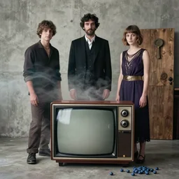 kodak portra 4 0 0, wetplate, a giant vintage television on the floor, muted colours, blueberry, 1 9 2 0 s style, motion blur, portrait photo of a backdrop, concrete, wood, fog, by georges melies and by britt marling