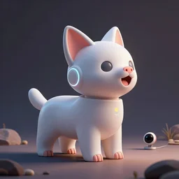product photo of a futuristic stylized robot pet, minimalistic kindchenschema, by artgerm and greg rutkowski and marc newson and zaha hadid, alphonse mucha, samsung apple webcam, excited playful, matte glossy materials, neon, kitten puppy pig otter ( ( fennec ) ) inspired. side view, volumetric light, detailed, octane render, midsommar