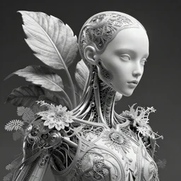 bw 3 d render, hyper detailed, stunning beautiful biomechanical albino serial killer cyborg with a porcelain profile face, angelic, beautiful natural soft rim light, big leaves and stems, roots, fine foliage lace, alexander mcqueen, studio ghibli, herge, art nouveau fashion embroidered, steampunk, silver filigree details, hexagonal mesh wire, mandelbrot fractal, anatomical, elegant, volumetric lighting, 8 k