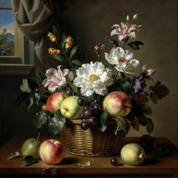 a beautiful detailed baroque painting of  fruit and flowers in a basket on a table, with a window with curtains in the background