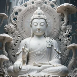 a epic sakyamuni, the founder of buddhism in cyberpunk style temple, ghost, gorgeous and huge head ornaments, dystopian, organic fractal mycelum and fungi, mecha, portrait of a big crystal face made of crystals, ominous, intricate, studio, art by anthony macbain + greg rutkowski + alphonse mucha, concept art, 4 k, sharp focus