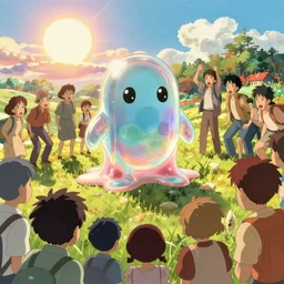 memorable animation key shot, onlookers terrified as translucent jelly bean golem melts in the hot sun, by mandy jurgens, by satoshi kon, ilya repin, shinji kimura, william turner, pastel color palette
