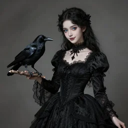 full body portrait of a dark haired girl with blue eyes, gentle face, smiling softly, intricate detailed black goth dress, a raven on a branch next to her, highly detailed, deep focus, elegant, digital painting, smooth, sharp focus, golden ratio, illustration, ultra realistic, 8 k, art by artgerm and caravaggio