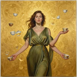 epic painting, full figure portrait of beautiful goddess wearing olive dress with flying tea cups, drawing, photography by amy leibowitz, wlop, jeremy lipkin, beeple, intricate golden fractals, team leaves flying in the sky, symmetrical front portrait, artgerm, golden glowing background