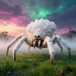 “ ominous massive colossal white feathery sci - fi alien spider crab monster covered in white fuzzy fungus with spider - like legs & compound eyes, verdent green pastoral marshy landscape with trees & hills, thick heavy fog, sunset, golden hour, blue hour, colorful magenta and green dramatic cloud filled sky, by gerald brom, greg rutkowski, photo realism, unreal engine, c 4 d ”