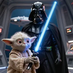 yoda holding a light saber next to darth vader background is the bridge of the starship enterprise.
