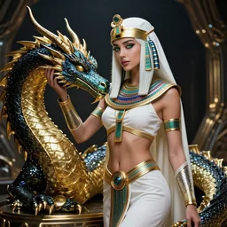 white - haired final fantasy white marble egyptian nun caressing her shiny rainbow dragon, warframe armor, regal, attractive, ornate, sultry, sexy, beautiful, elize theron, pretty face, green eyes, scifi platform, 4 k, ultra realistic, epic lighting, illuminated, cinematic, black gold, art by alexandra petruk, voidstar