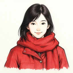 medium shot portrait of friendly girl wearing winter clothing and scarf, red tones, detailed drawing, smooth and sharp black outlines, flat inked colors, scratched shadow, moebius, jean giraud, frank miller