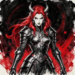intimidating portrait commission of a D&D Rouge wearing black leather armor, doing an intimidating pose. race is tiefling. Black Background with red swirls. character design by charlie bowater, detailed, inked, western comic book art