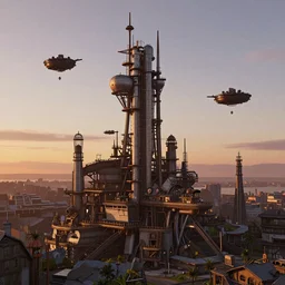 a steampunk city, sunset, sky-ships in the sky, clear skies in the distance, hyperreal, artstation