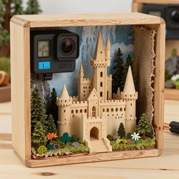 high - res gopro photograph from within a wooden sculpture diorama with a fantasy castle, highly detailed sculpey diorama, forest setting in iceland, waterfall backdrop, realistic materials, wood, felt, cloth, burlap, copper wire, hot glue, smooth, sharp foccus, commercial product photography,