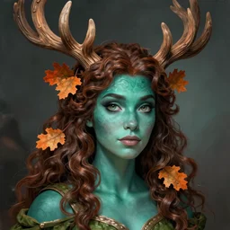 beautiful digital painting of freya allan with teal skin and antlers made from wood on her head, brown curly hair with orange oak leaves, in a green dress D&D, fantasy, intricate, beautiful eyes, cinematic lighting, highly detailed, digital painting, Artstation, concept art, smooth, sharp focus, illustration, art by Greg Rutkowski and Alphonse Mucha