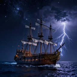 photograph of a pirate ship traveling through sea of stars, breathtaking stars, thunderstorm lightning, interstellar, concept art, NASA, 4K, Detailed, HDR