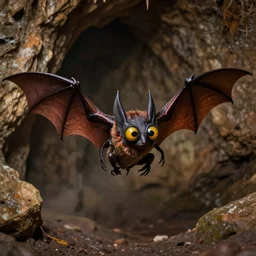 flying eyes with bat wings in a cave