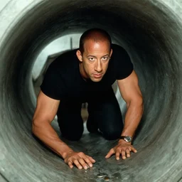 film still of Vin Diesel as John McClane crawling through ventilation shaft in Die Hard 1988