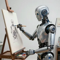 a robot painter at his easel, illustrated by h r giger, jean giraud, ultradetailed, hyperrealistic, octane render, 8 k