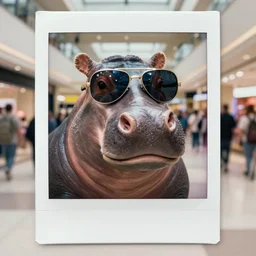 super awesome head to shoulder portrait colored polaroid film photograph of a hippo in a mall wearing aviator shades. wearing bling from the hood. super resolution. surreal. extremely detailed. polaroid 6 0 0 film. by annie leibovitz and richard avedon