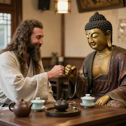 jesus and buddha drinking tea in a chinese tea house, fist bumping, smiling, friendship