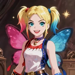 cartoon female character inspired by harley quinn and star butterfly, artwork by studios ghibli and rossdraws