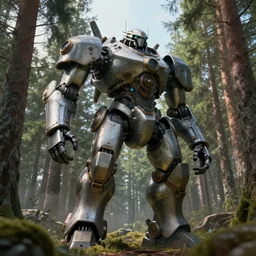 steampunk colossal mech standing in a swedish forest, very low angle photograph, trending on artstation