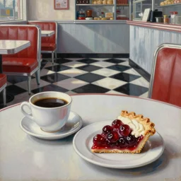 A cup of black coffee and a slice of cherry pie on a table, at a 50s diner with black and white checkered floor, oil on canvas,