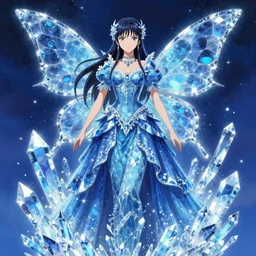 fairy long blue crystalized dress, victorian dress, misa amane, battle angel alita. by rembrandt 1 6 6 7, illustration, by konstantin razumov, frostine engine, vibrant colors, fractal flame, crystalized